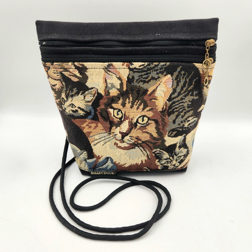 Smart Duck Cat Print Tapestry Canvas Crossbody Bag Black Brown Medium USA Travel